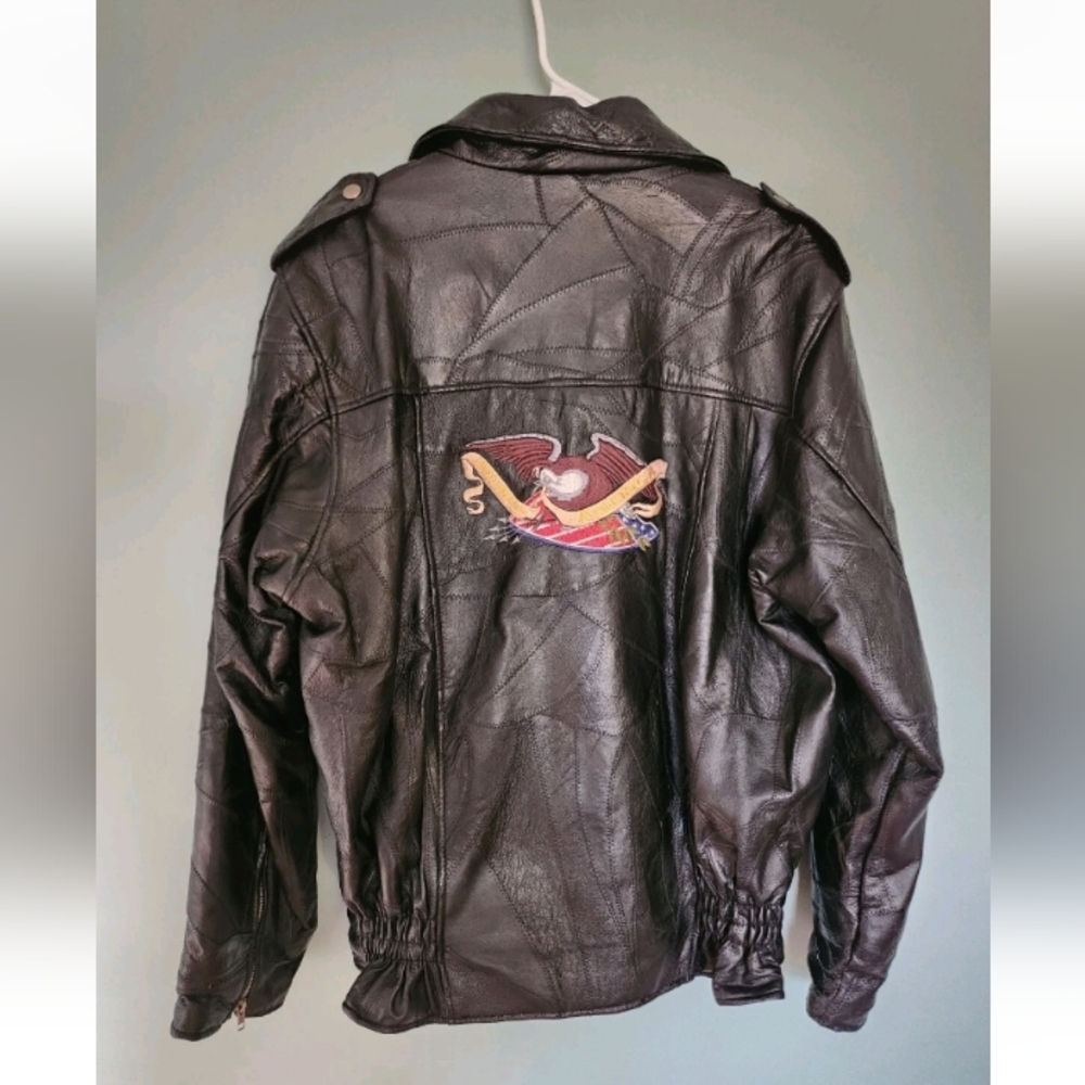 VTG Diamond Plate Buffalo Leather Motorcycle Jacket Cafe Racer Black Mens Large